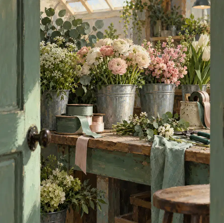 Illustration of floral businesses equipment and workspace